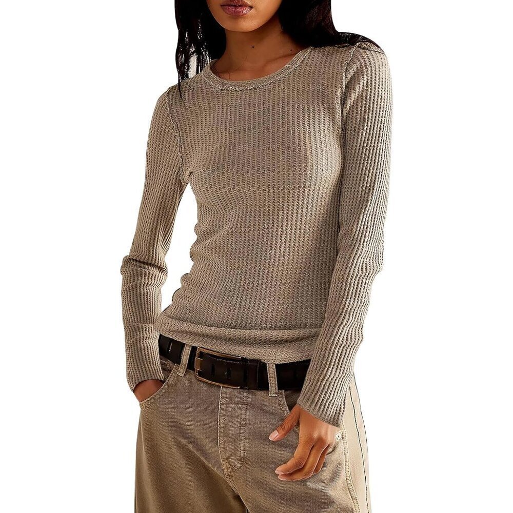 Long Sleeve Waffle Knit Shirt Women Cotton Fall Casual Slim Fit Easy Care